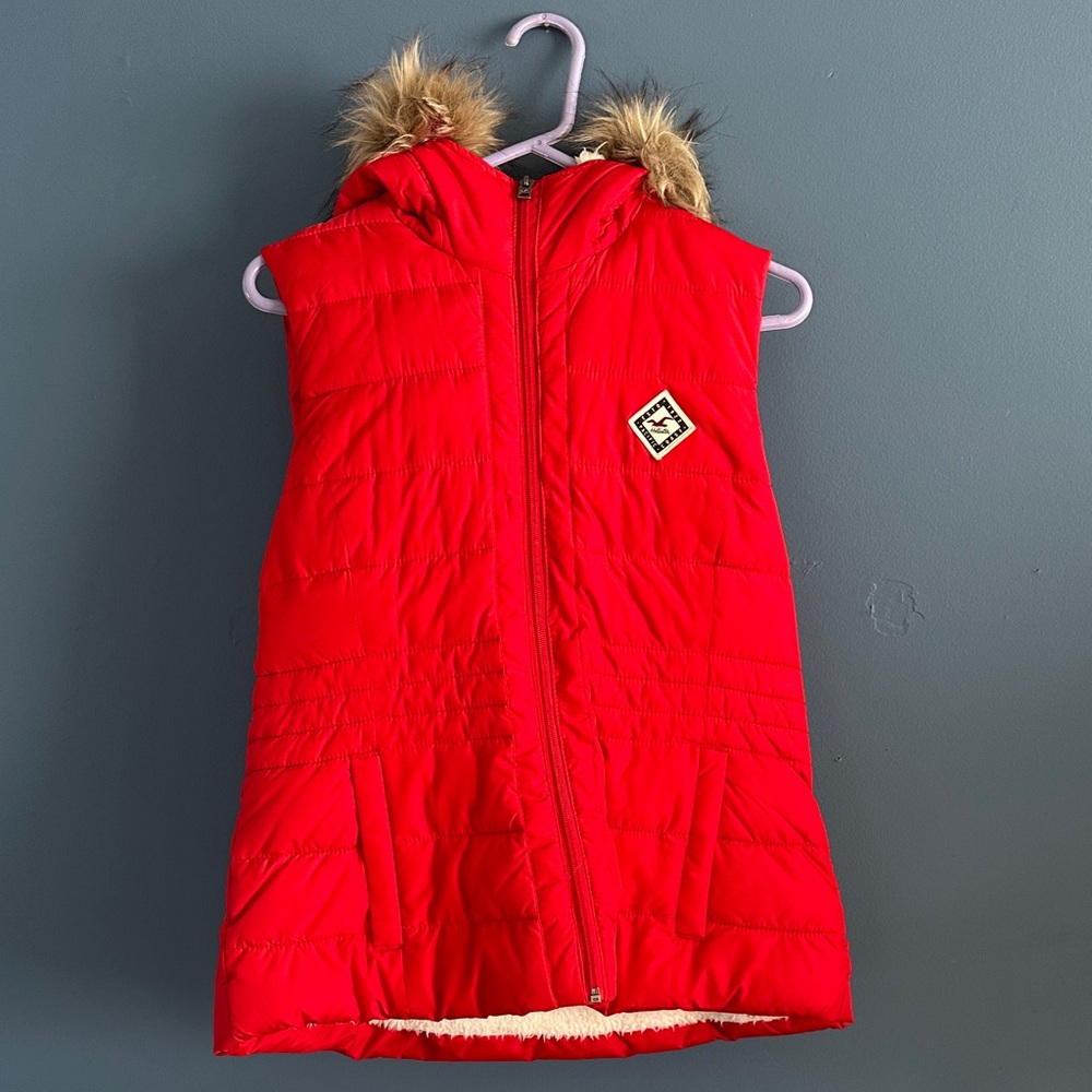 Hollister Red Hooded Puffer Vest with Fur Trim